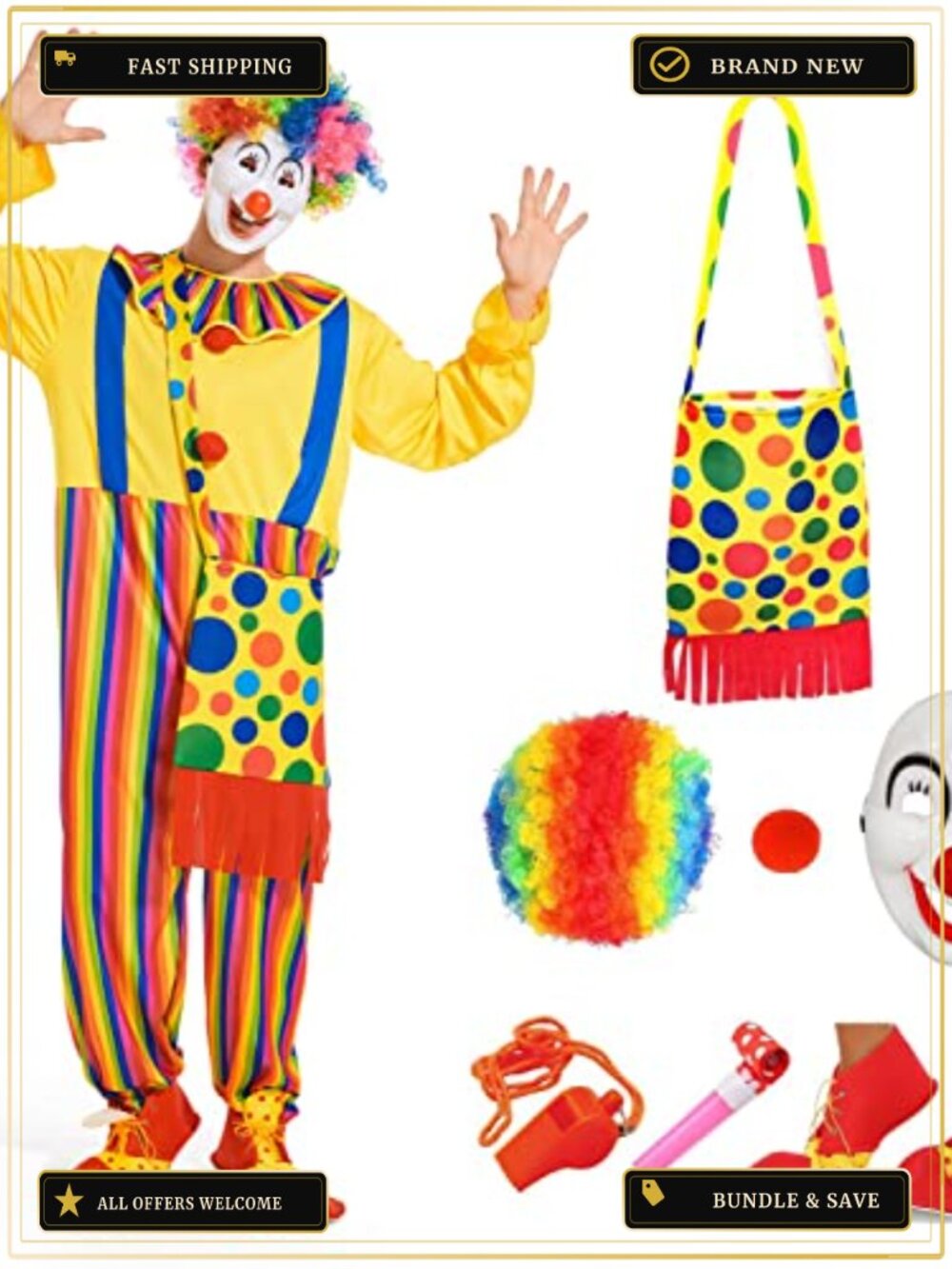 Adult Clown Costume Set 8 Piece Circus Party Outfit with Accessories